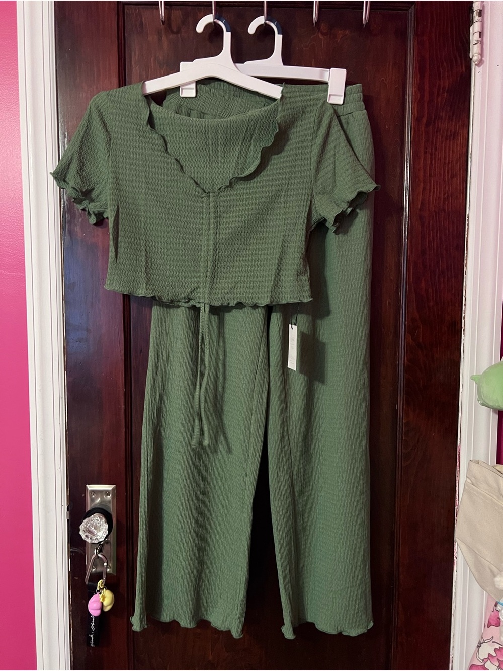 Cider Olive Green Ribbed Wide-Leg Lounge Set